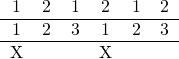  \begin{tabular}{c c c c c c} 1 & 2 & 1 & 2 & 1 & 2 \\ \hline 1 & 2 & 3 & 1 & 2 & 3 \\ \hline X & & & X & & \\ \end{tabular} 